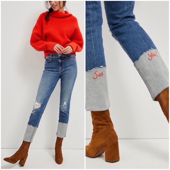 MOTHER Denim - Mother Jeans Slim Straight High Rise See Ya Embroidered Cuffs Distressed Knee 29